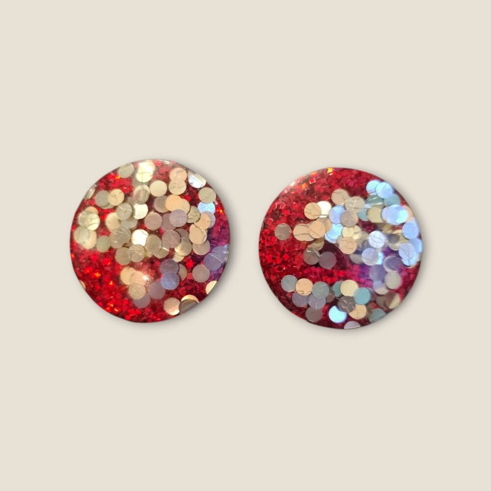 Vintage Red Lucite Confetti Clip-On Earrings Round Retro 80s Style